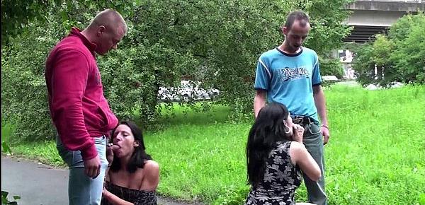  Very pregnant girl in PUBLIC street foursome